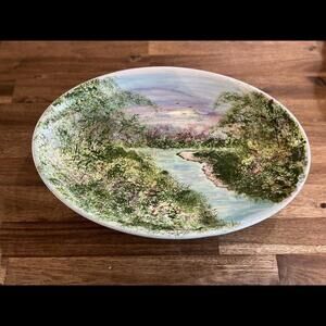 Italian‎ Pottery Hand-painted Oval Platter Nature Scene River 9.5 X 14 Signed